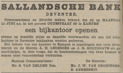 <p>In 1915 opent de Sallandsche Bank een vestiging in Kampen aan de Oudestraat (www.delpher.nl). </p>
